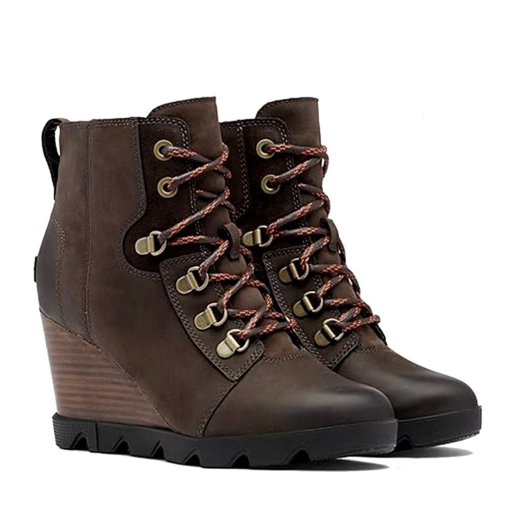 Sorel Joan Uptown Blackend Brown Nubuck Suede Wedge Lace up Boots 9.5